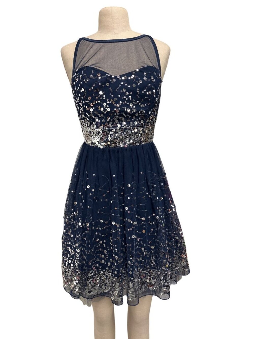 Crystal Doll Navy Silver Sequin Fit Flare Prom Party Cocktail Dress Size 9 Tween